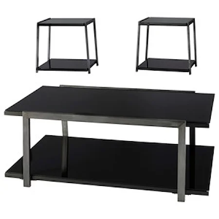 Black Glass/Silver Finish Metal 3-Piece Occasional Table Set